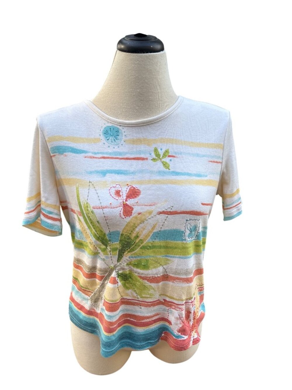 Womens Multicolor Striped Short Sleeve Top Floral Embellishments Size Small